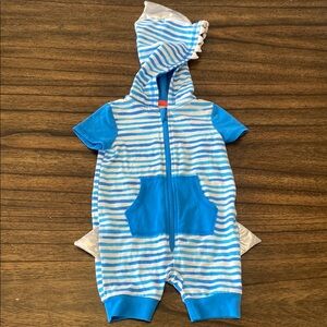 Shark Theme Blue and White Striped Kids One Piece 3-6 months